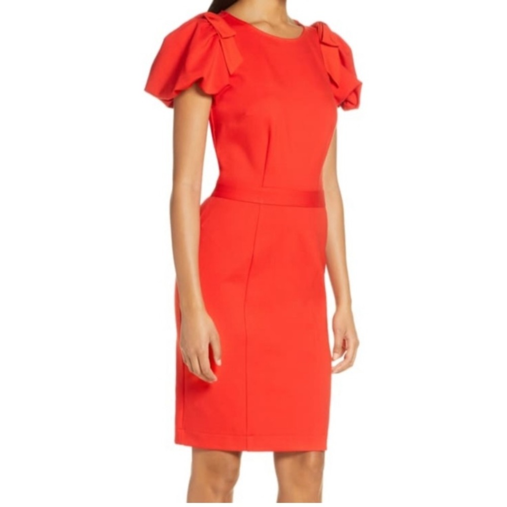 Rachell Parcell bow shoulder puff sleeve dress - size 6 - red